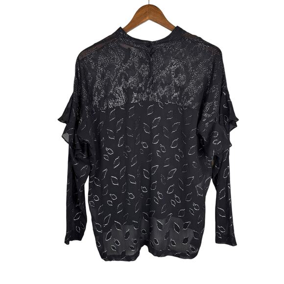 BCBGMaxazria Black Sheer Chiffon Silver Metallic Leaf Print High Neck Blouse - Picture 13 of 15